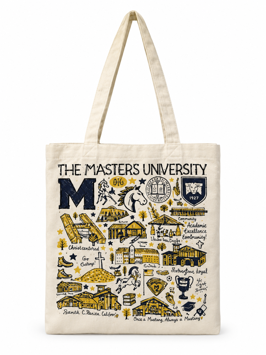 TMU Canvas Tote Bag- Cream with Navy & Gold Designs